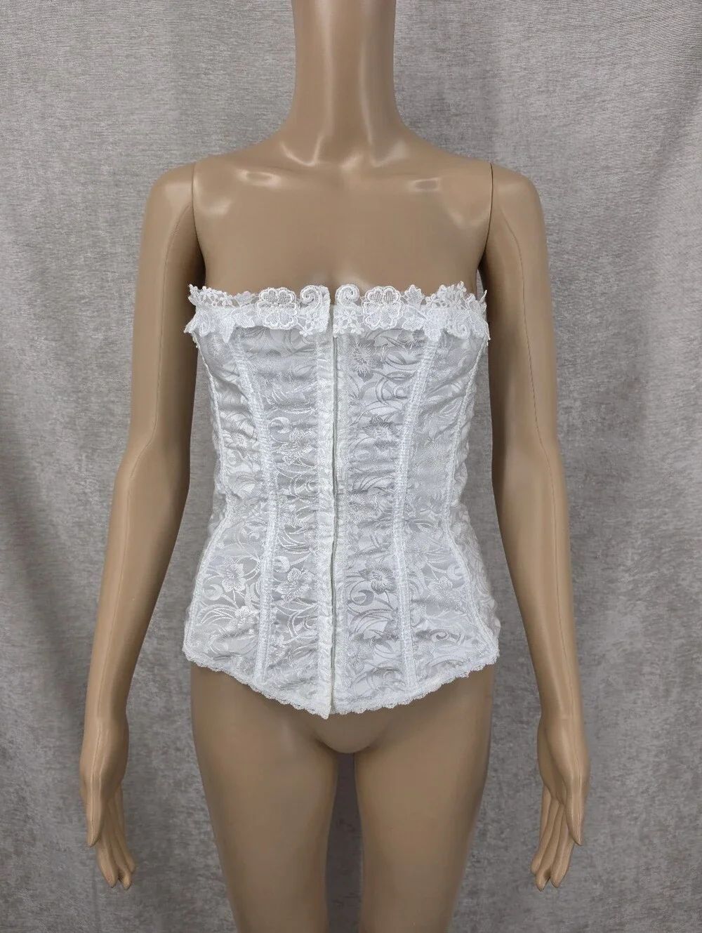 Vintage Frederick's of Hollywood White Satin Jacquard and Lace Corset Bustier